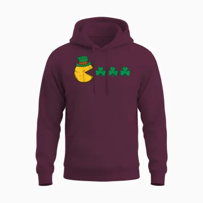 St Patricks Day Eating Shamrock Retro Gamer Kids Men Boys Unisex Hoodie - Maroon