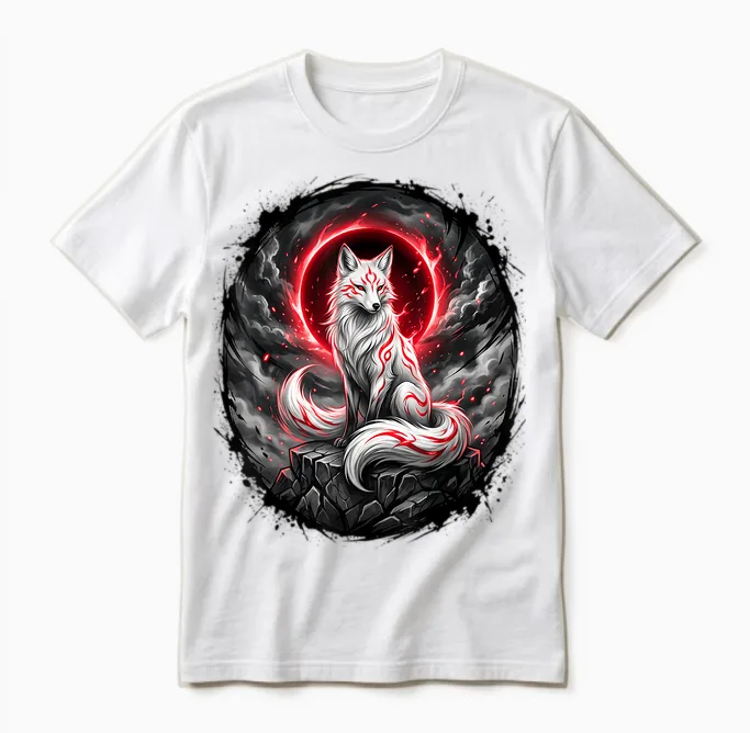 Japanischer Kitsune Wolf Mythologie Design Unisex T-Shirt in White