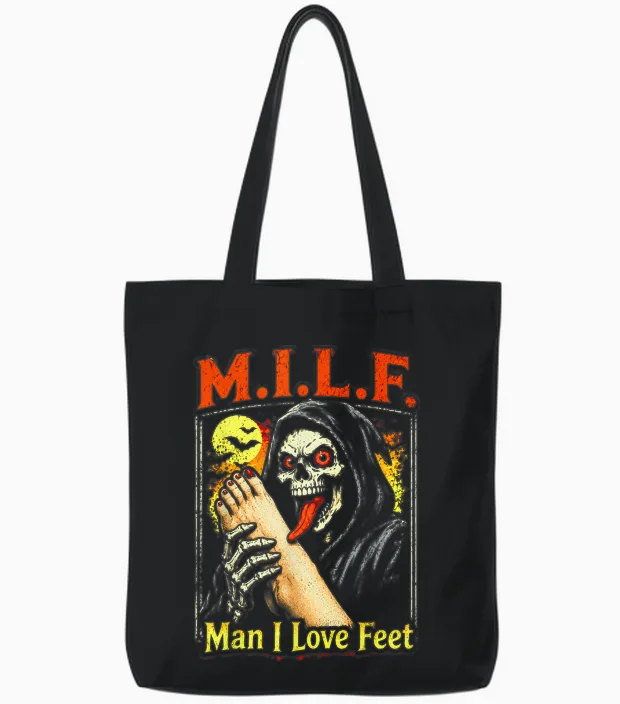 M.i.l.f. Man I Love Feet, Inappropriate Humor Foot Toe Lover Tote Bags in Black