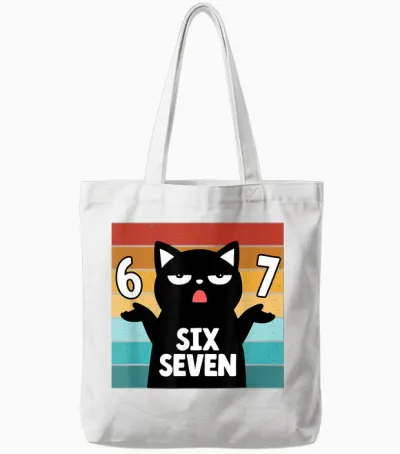 67 Meme Cat Shirt 6 7 Hand Gesture for Teenagers Slang Six Seven Tote Bags - White