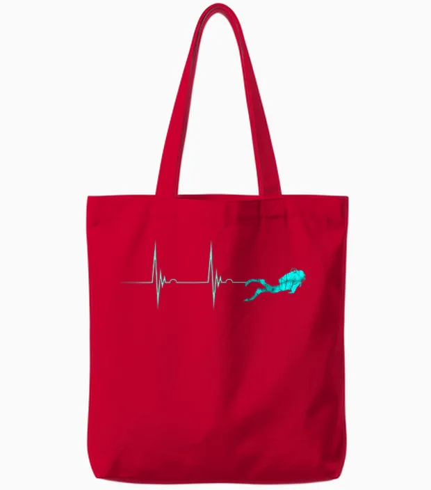 Underwater Diver Heartbeat Deep Diving T-Shirt, Black, S Tote Bags in Red