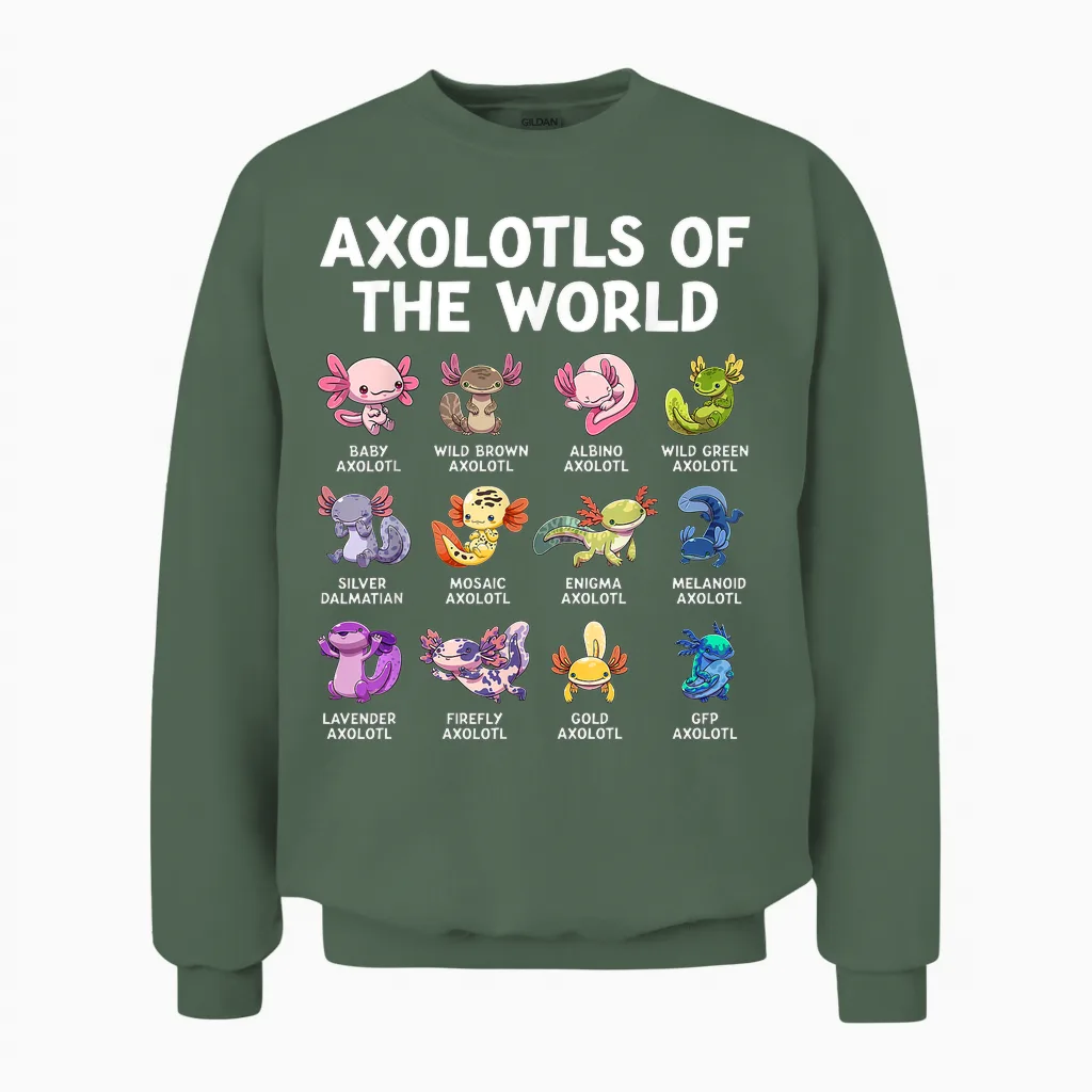 Axolotl Kawaii Axolotls of the World Funny Axolotl Animals Unisex Sweatshirt in Military Green