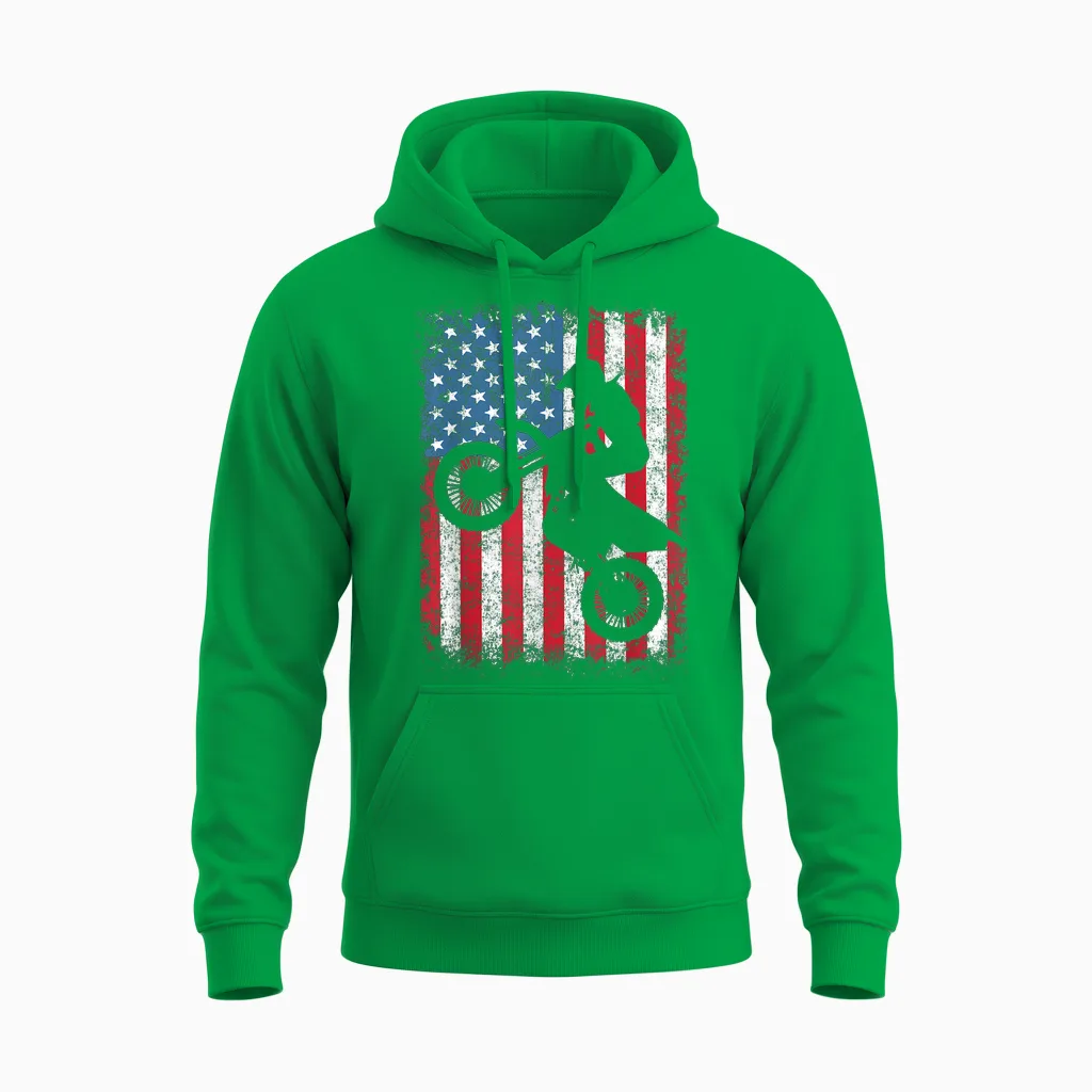 Dirt Bike Motocross Biker American Flag 4th of July Boys Men Unisex Hoodie in Irish Green