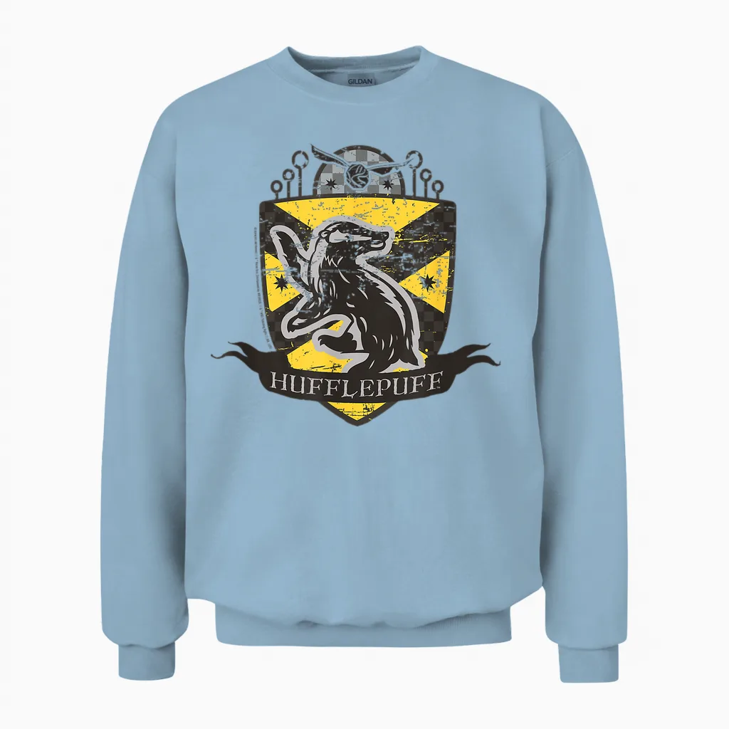 Harry Potter Hufflepuff Quidditch Shield Aged T-Shirt, Grey, S Unisex Sweatshirt in Light Blue