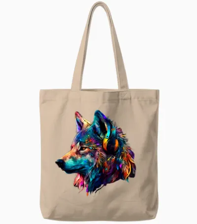 Bunter Wolf Mit Kopfhörern, Musikgrafik, Herren, Damen, Kinder Langarmshirt Tote Bags - Natural