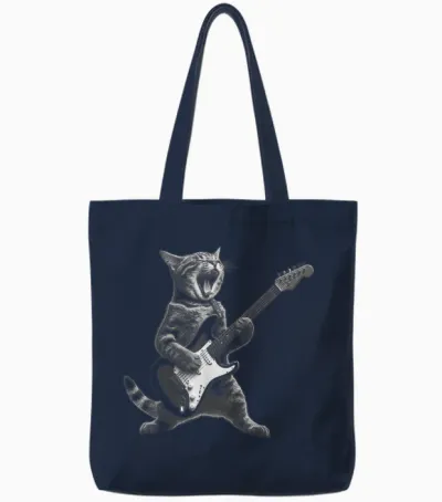 Funny Cat Playing Guitar Rock and Roll Gifts Men Women Kid Tote Bags - Navy