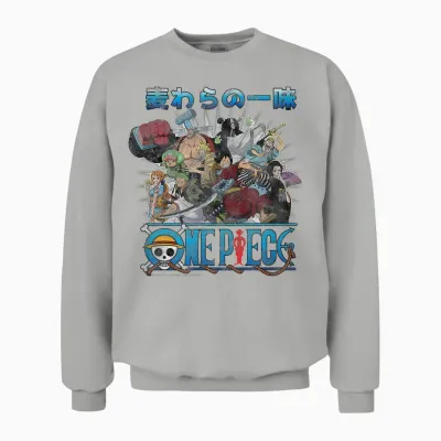 One Piece Anime Retro Straw Hat Crew Cast Collage Unisex Sweatshirt - Ash