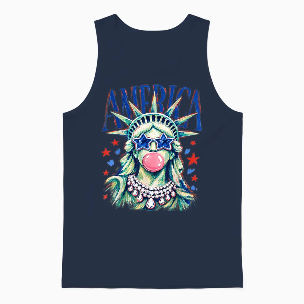 Brushstroke Statue of Liberty Blowing Bubble Gum 4th of July Unisex Tank Top in Navy