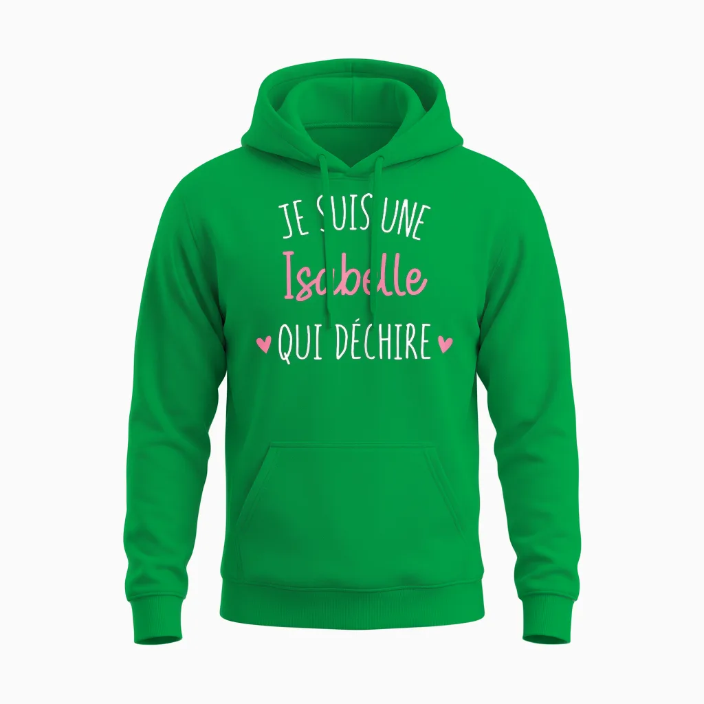 Personalised Women's Gift Name Isabelle Qui Déchire T-Shirt, Black, Female X-Small Unisex Hoodie in Irish Green