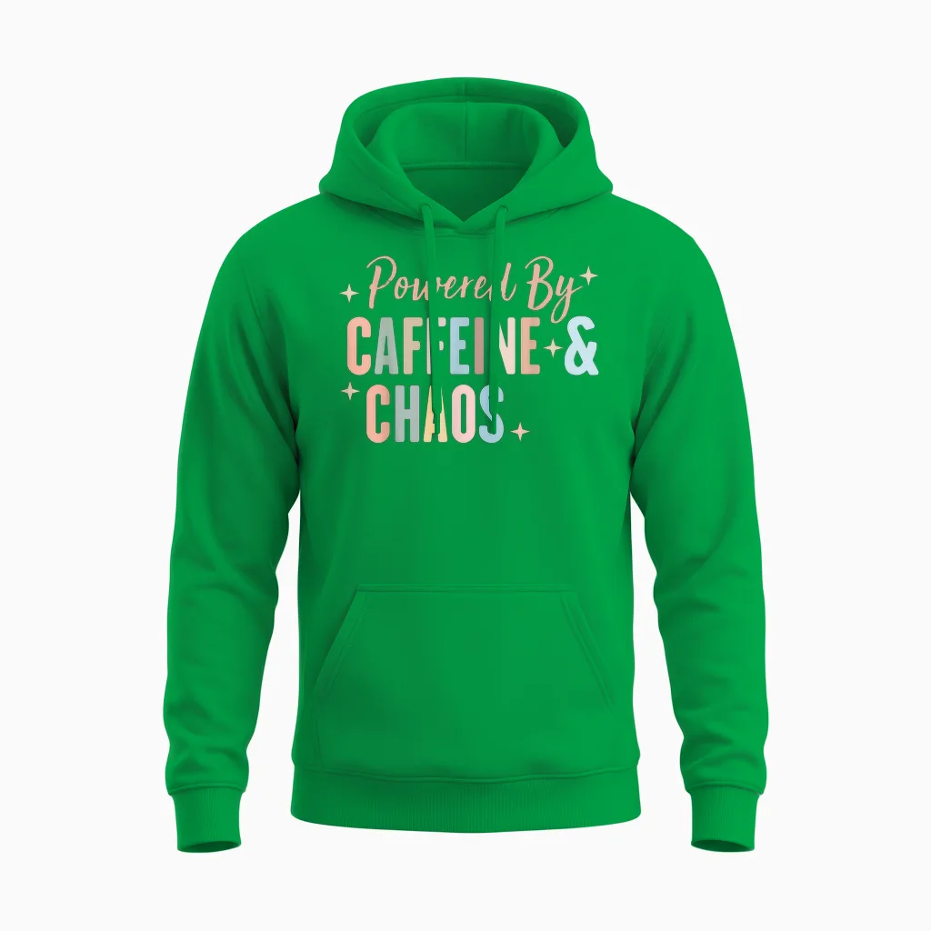 Powered by Coffein and Chaos Funny Adhd T-Shirt, Black Unisex Hoodie in Irish Green