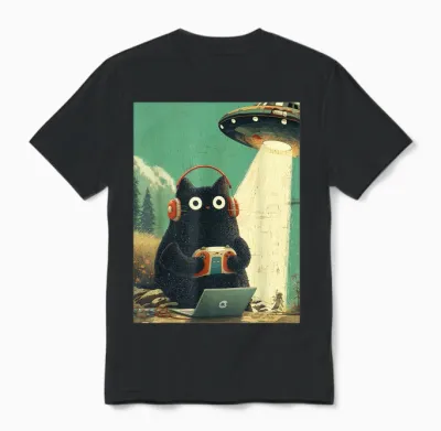 Vintage Japanische Katze Gamer Videospiele Abduktion Ufo Anime Unisex T-Shirt - Black