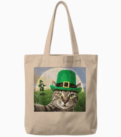 St Patricks Day Cat Selfie Leprechaun Saint Pattys Men Women Tote Bags - Natural