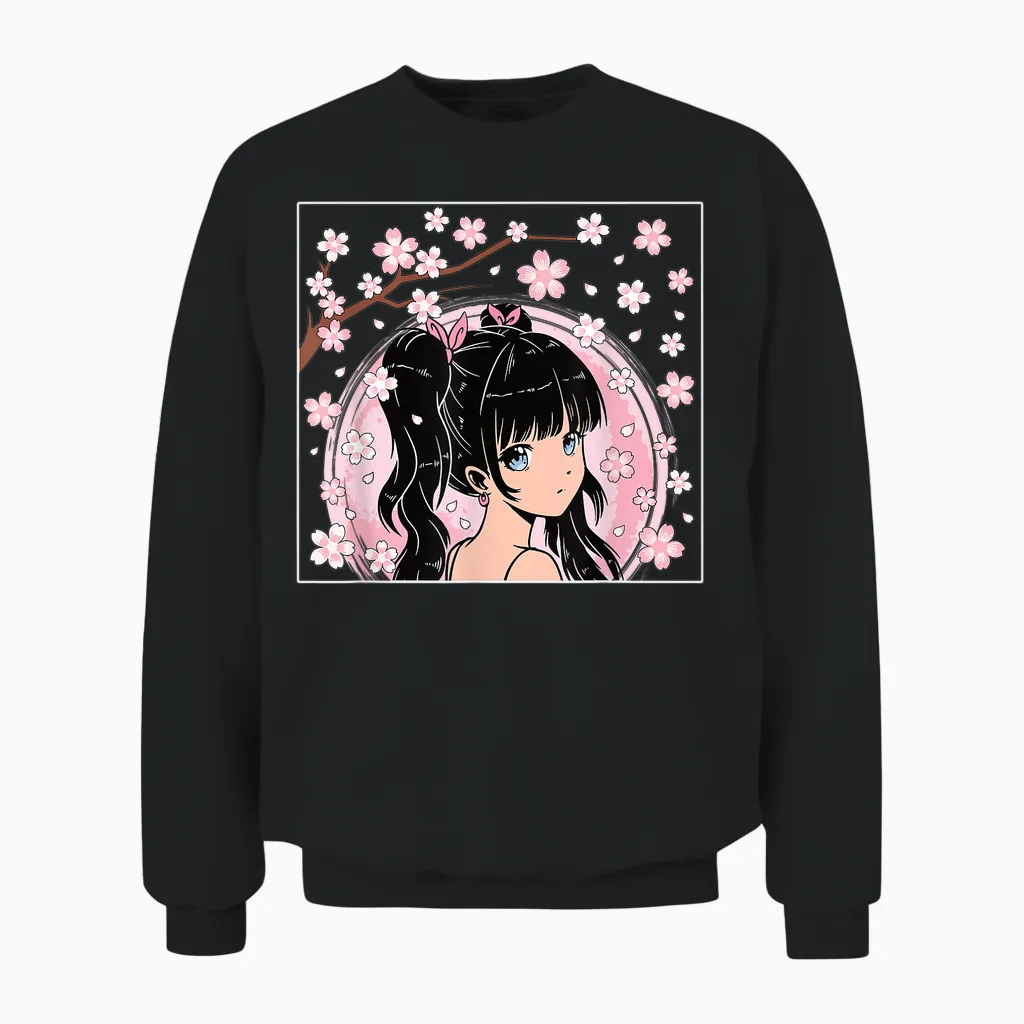 Japanisches Anime Mädchen Otaku Kirschblüte Sakura Damen Unisex Sweatshirt in Black