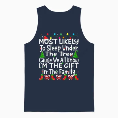 Most Likely to Sleep Under the Tree I'm the Gift Christmas Unisex Tank Top - Navy