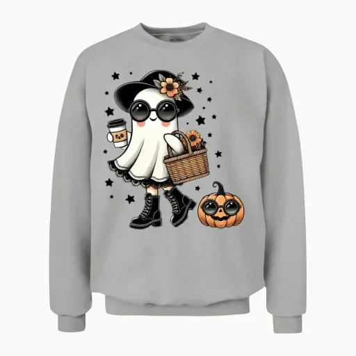 Cute Ghost Drinking Coffee in Fall Halloween Unisex Sweatshirt in Ash