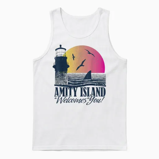 Jaws Amity Island Welcomes You Sunset Unisex Tank Top in White