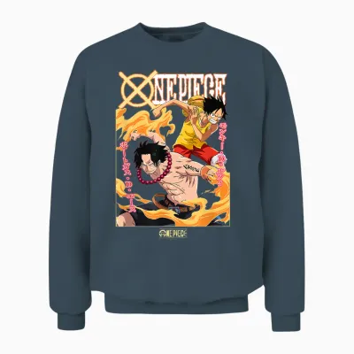 One Piece Anime Ace and Luffy Team Up Kanji Unisex Sweatshirt - Dark Heather
