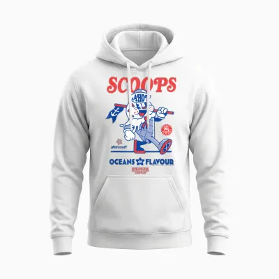 Stranger Things Scoops Ahoy Ice Cream Shop in Red/blue T-Shirt, White Unisex Hoodie - White