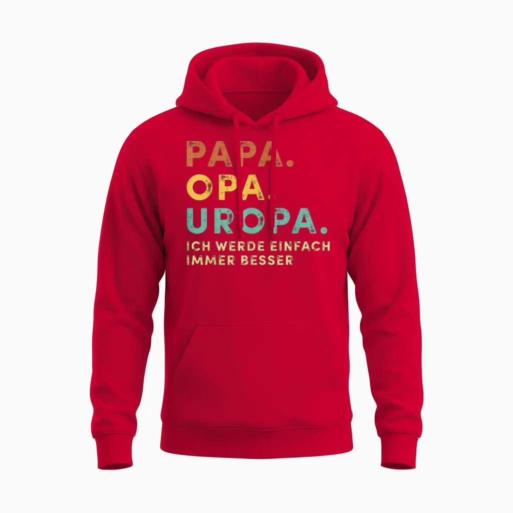 Men's T-Shirt with German Text "dad Grandpa Uropa" Retro Fur Father's Day Bester Papa Aller Zimen, Black, S Unisex Hoodie in Red