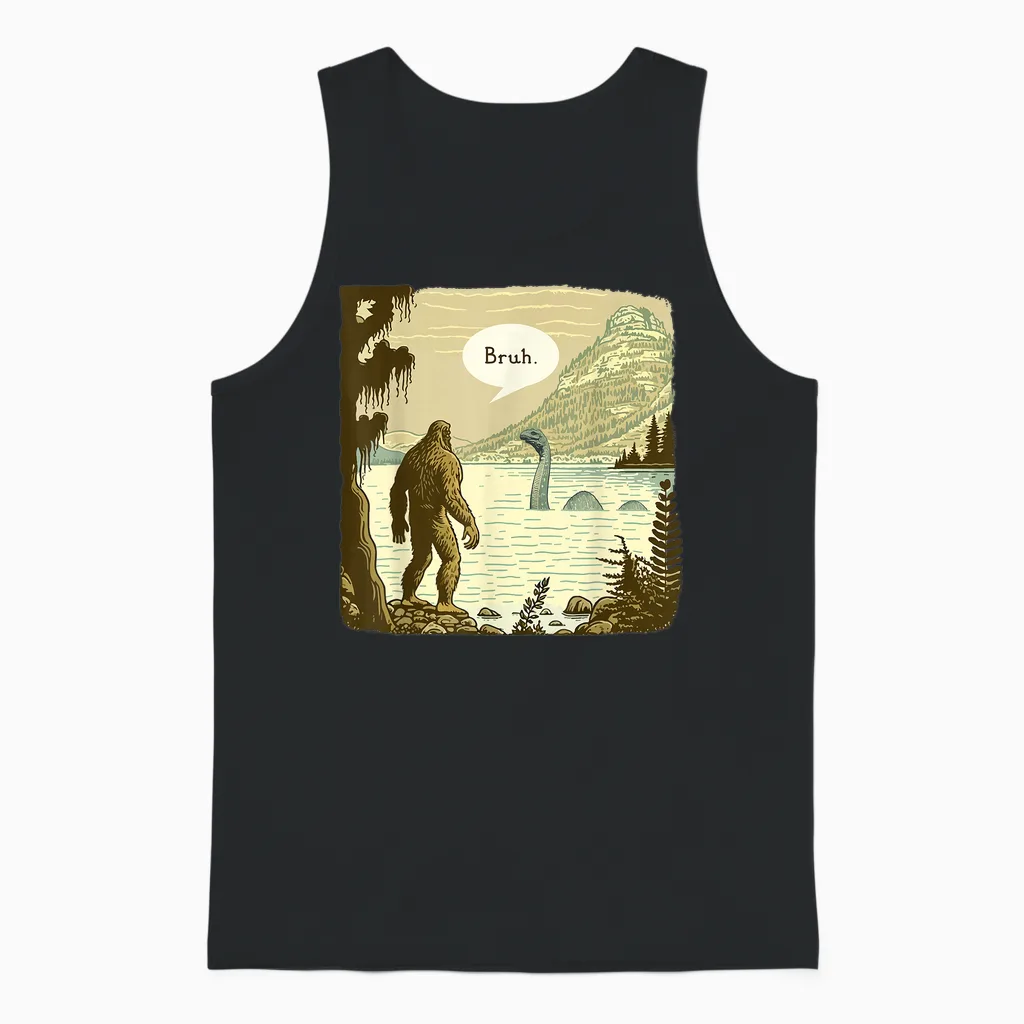 Funny Bigfoot Sasquatch Loch Ness Monster Introvert Bruh Unisex Tank Top in Black