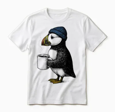 Puffin with Hat Funny Coffee Bird Unisex T-Shirt - White