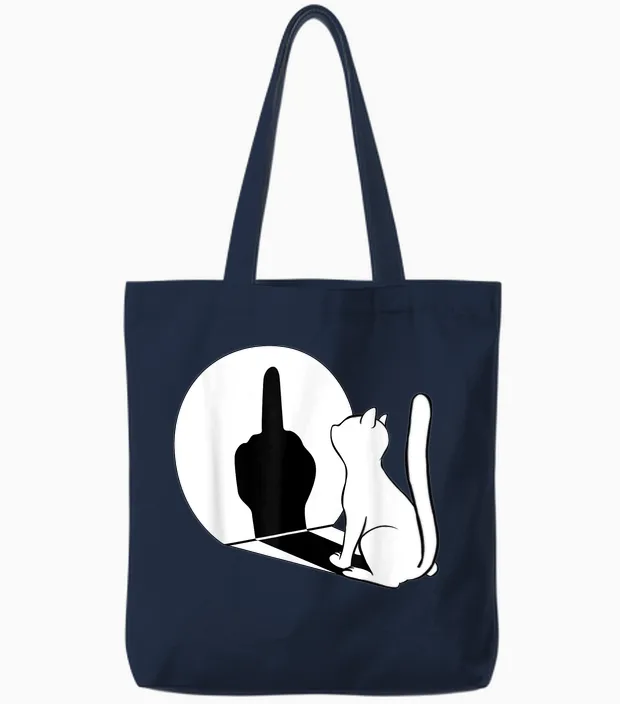 Middle Finger Cat Middle Finger Shadow T-Shirt, Black Tote Bags in Navy
