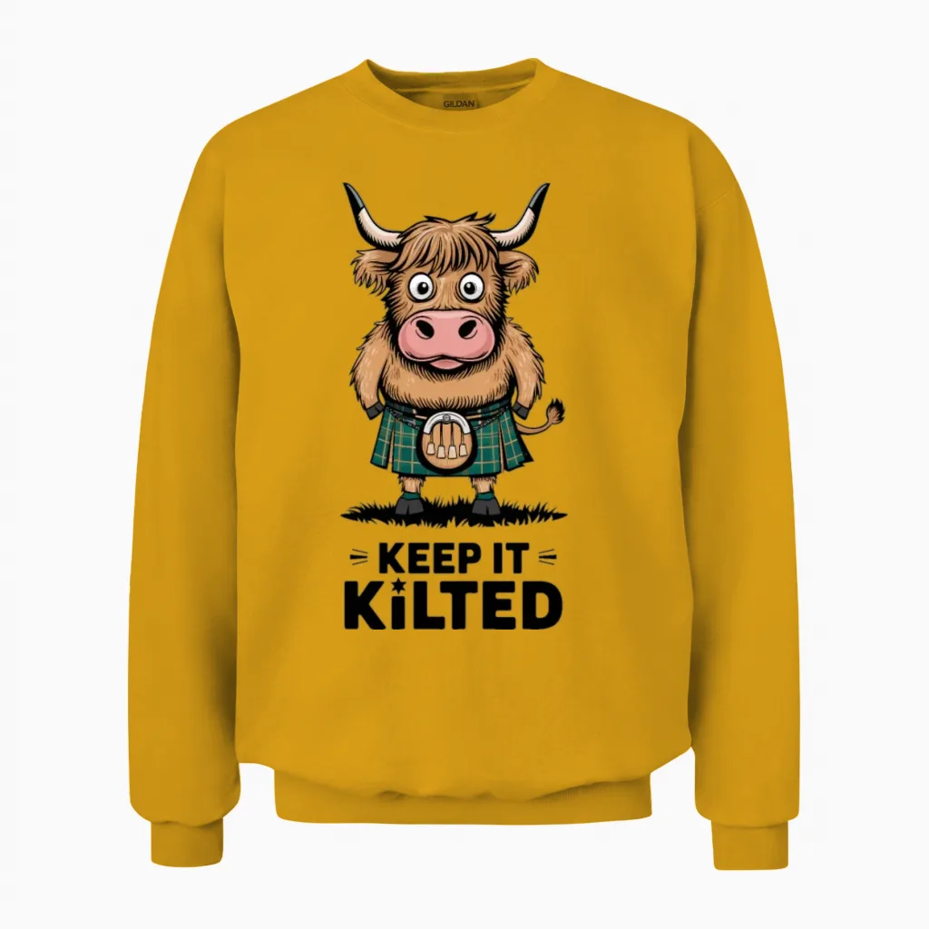 Highland Cattle Bull Wearing Kilt Keep It Kilted Unisex Sweatshirt in Gold