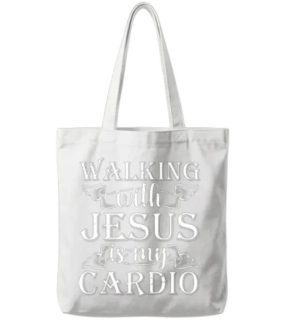 Walking with Jesus Is My Cardio Funny Religious Tote Bags - White