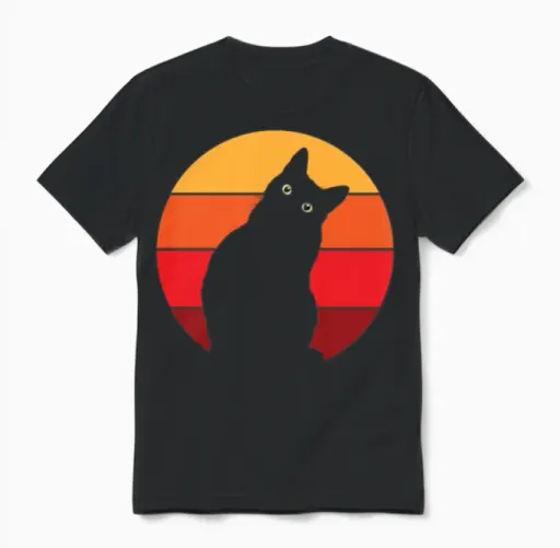 Vintage Retro 80s Curious Cute Cat on Sunset Unisex T-Shirt in Black