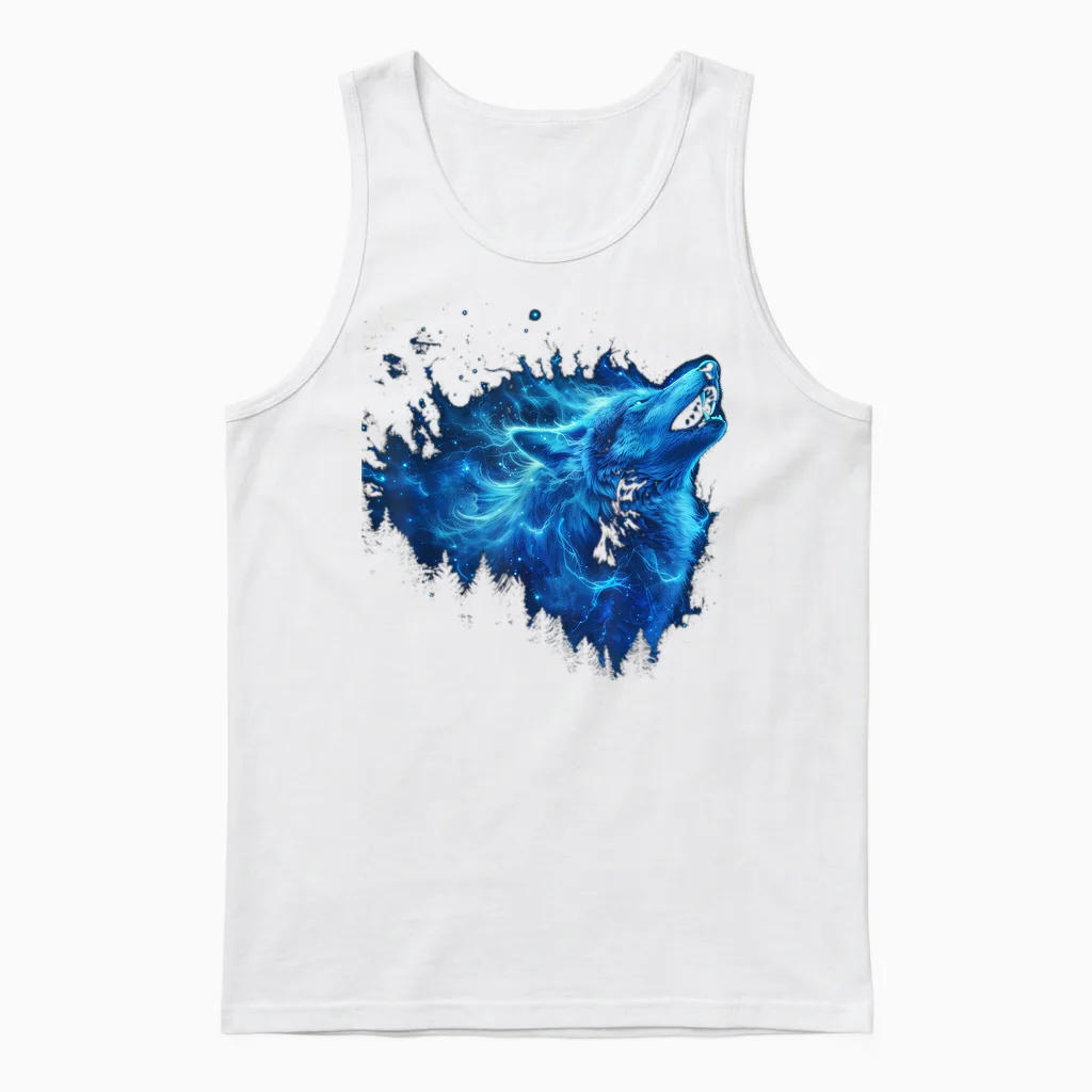 Galaxy Wolf Howling Graphic Electrical Blue Wolf Lovers Unisex Tank Top in White