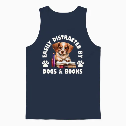 Easily Distracted by Dogs and Books Unisex Tank Top in Navy