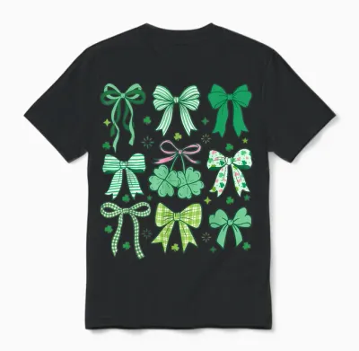 Cute Green Shamrock Bow Coquette St Patricks Day Unisex T-Shirt - Black