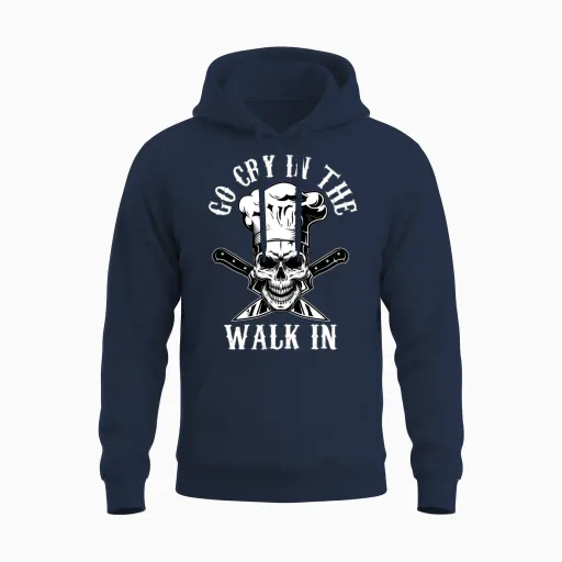 Go Cry in the Walk in Skull Chef Cook Funny Unisex Hoodie in Navy