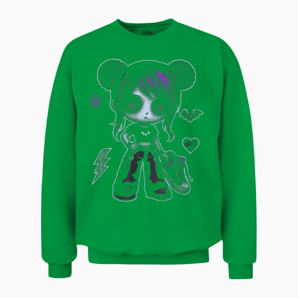 Emo Girl with Purple Highlights and Bat Goth Girl Unisex Sweatshirt in Irish Green