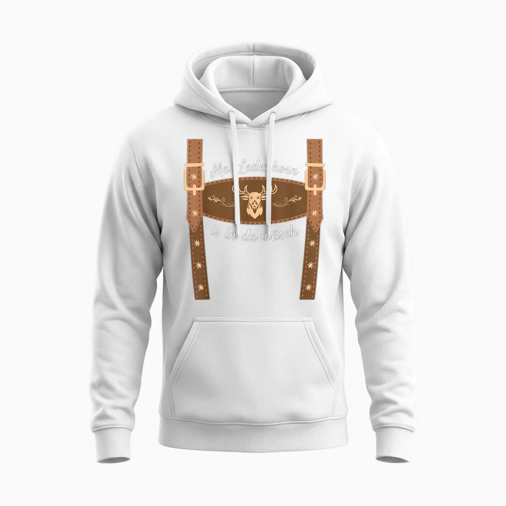 Trachtenshirt Dirndl Ersatz Shirt Bayrische Tracht Mei Lederhosn Is in Da Wasch, Leather Trousers, Replacement Lederhosn T-Shirt, Black, Short Sleeve Unisex Hoodie in White