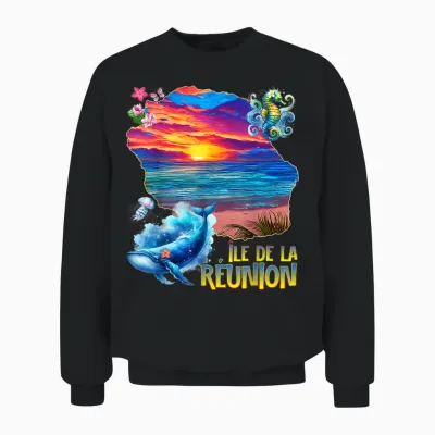 Reunion Island Sunset Sea Blue Whale Jellyfish T-Shirt, Black, S Unisex Sweatshirt - Black