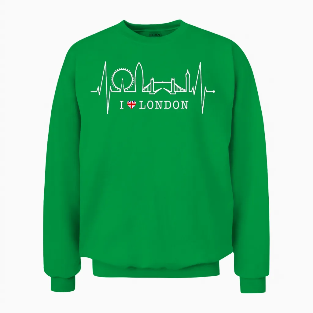 London Skyline Herzschlag Uk Flagge Fans Herz I Love London Unisex Sweatshirt in Irish Green