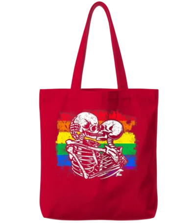 Gay Couple Skeletons Kissing Lgbt Pride Valentines Tote Bags - Red