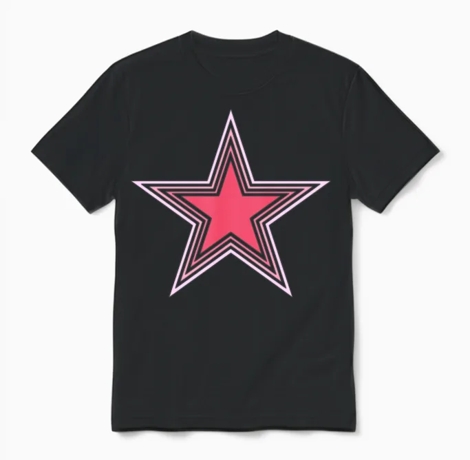 Pink Outline Star Unisex T-Shirt in Black