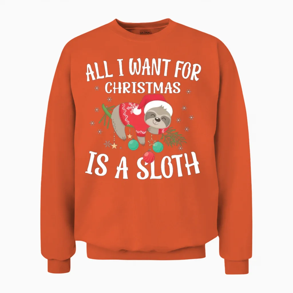 Christmas Funny Sloth Unisex Sweatshirt in Orange