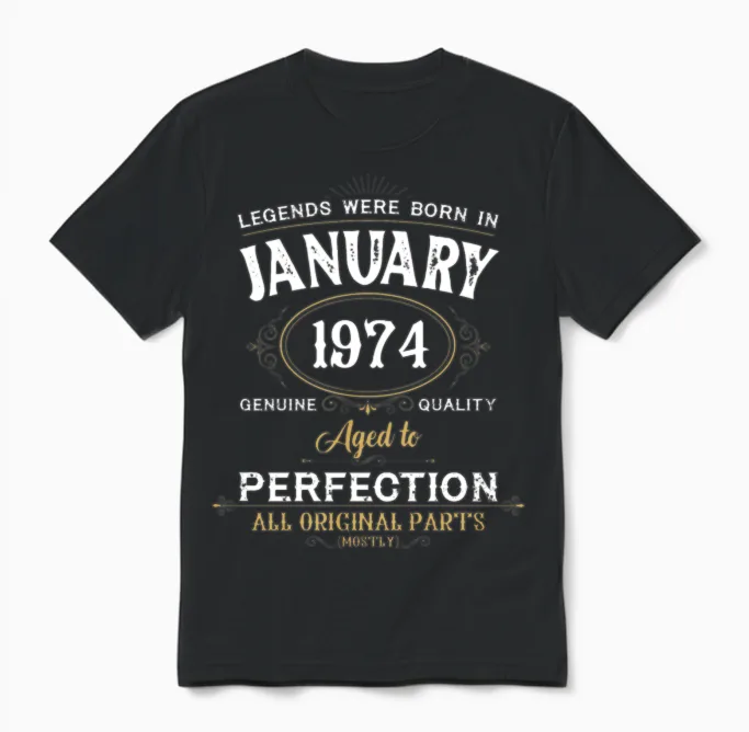 Legends Were Born in January 1974 Unisex T-Shirt in Black