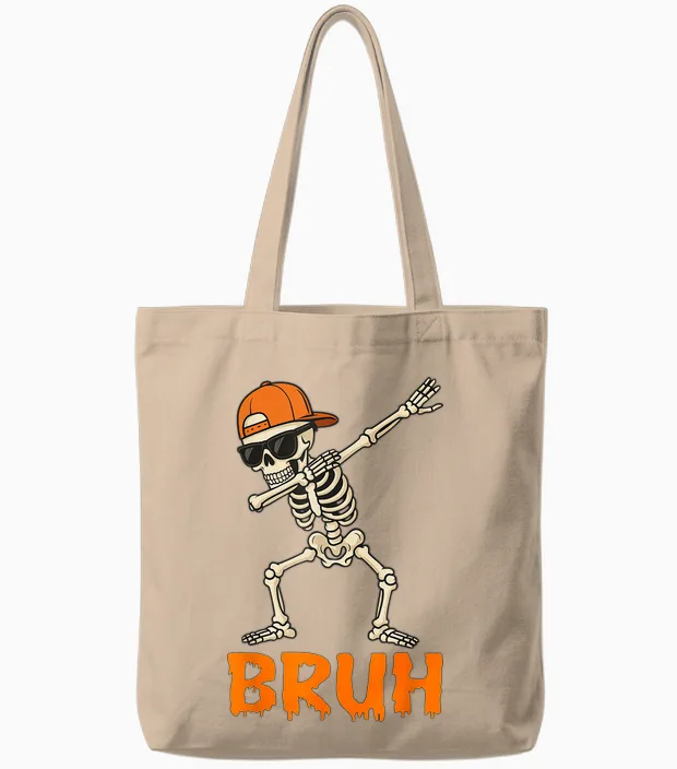 Bruh Dabbing Skeleton Funny Mens Kids Boys Halloween Tote Bags in Natural