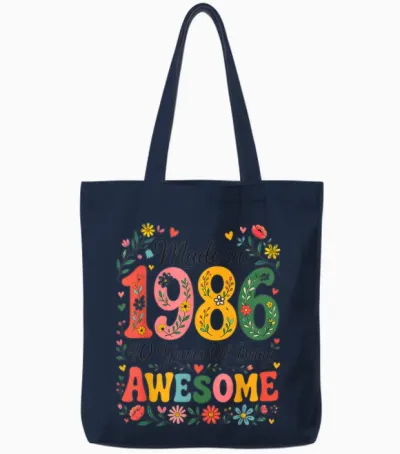 40 Year Old Made in 1986 Retro Floral 40th Birthday Women Tote Bags - Navy