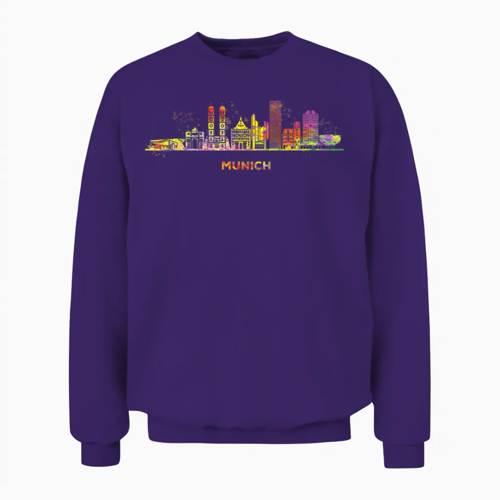 Munich Skyline Colourful Frauenkirche Cityscape Munich T-Shirt, Black Unisex Sweatshirt in Purple