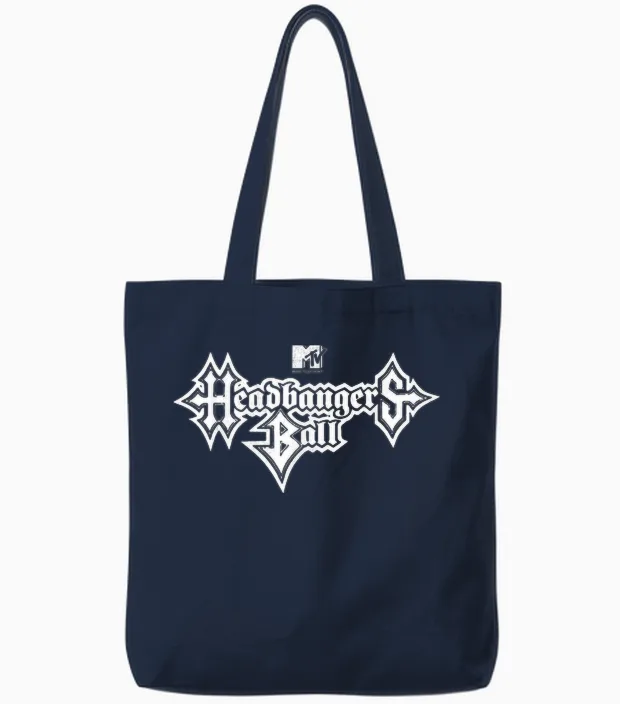 Mtv Headbangers Ball: Classic Fit, Round Neck, Short Sleeve Black Metal Text Tote Bags in Navy