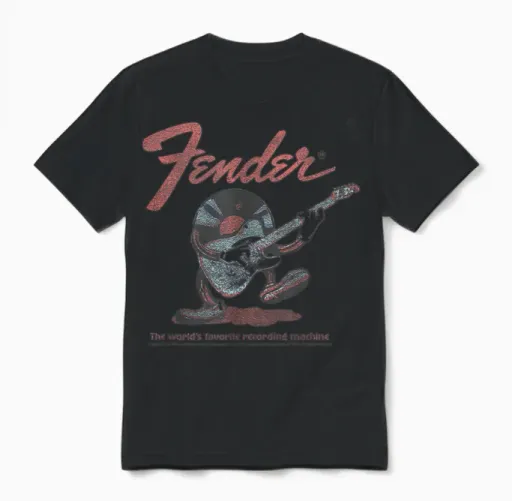 Fender Record Playing Guitar Centered Unisex T-Shirt in Black