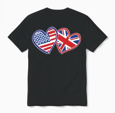 American Uk Flag Heart Design Unisex T-Shirt - Black