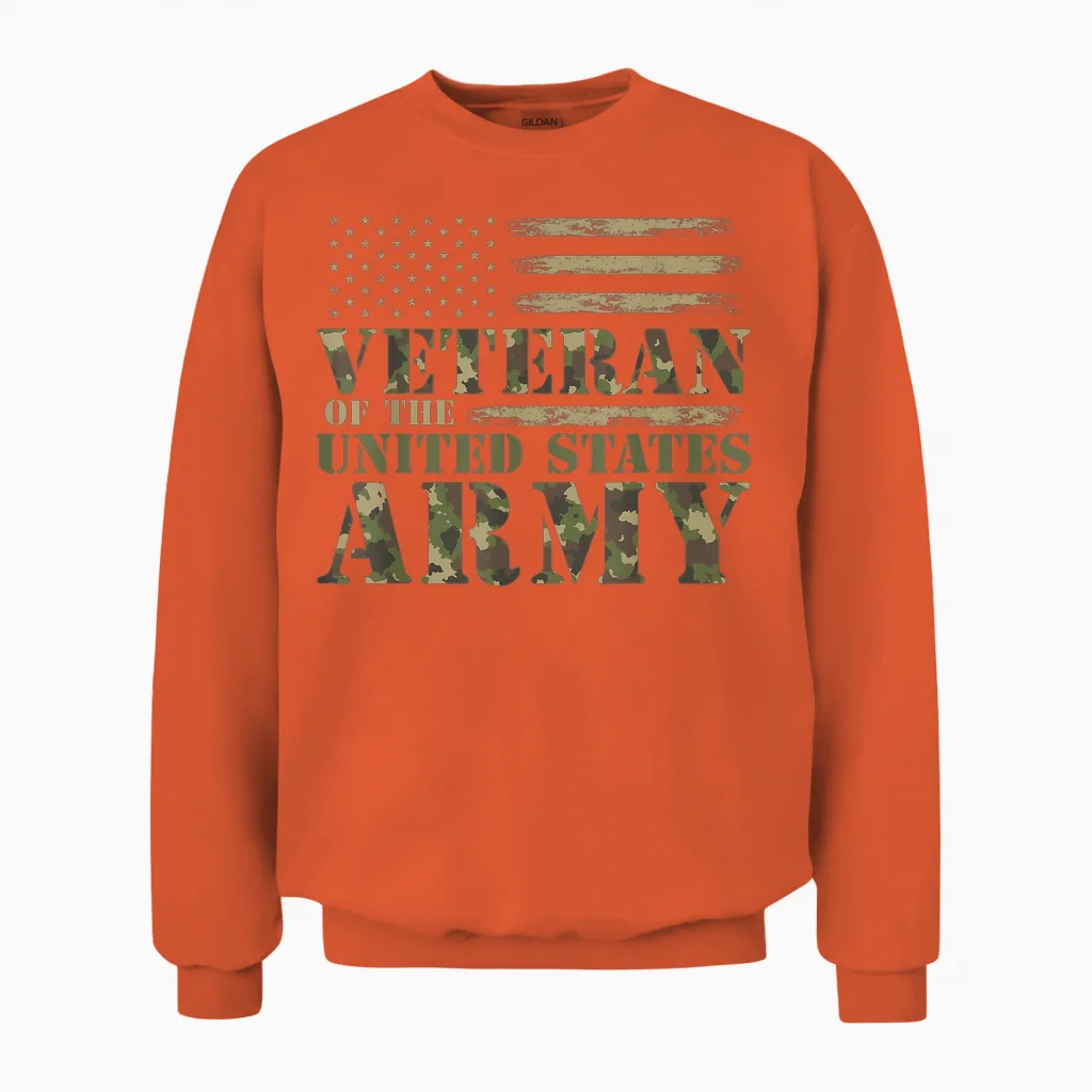 Veteran of the United States Army Camouflage Us Flag Veteran Unisex Sweatshirt in Orange