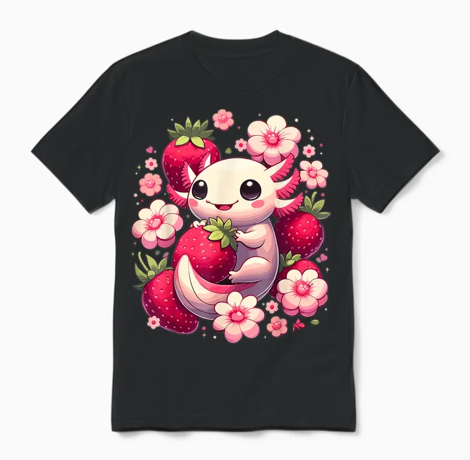 Cute Axolotl Kawaii Anime Axolotl Strawberry T-Shirt, Black, S Unisex T-Shirt in Black