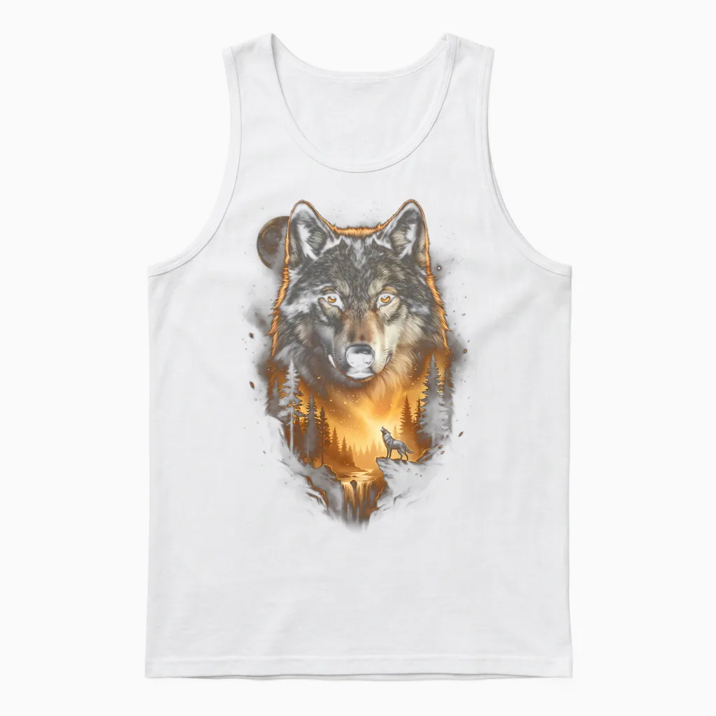 Motif De Loup Hurlant à La Lune Fantasy Art Forest Graphic Manche Longue Unisex Tank Top in White